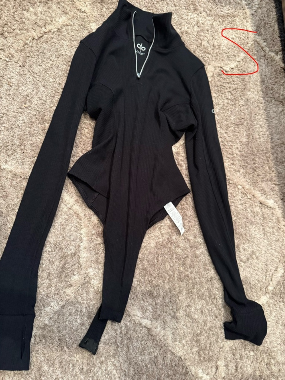 ALO Yoga Black Ribbed Zip-Neck Bodysuit